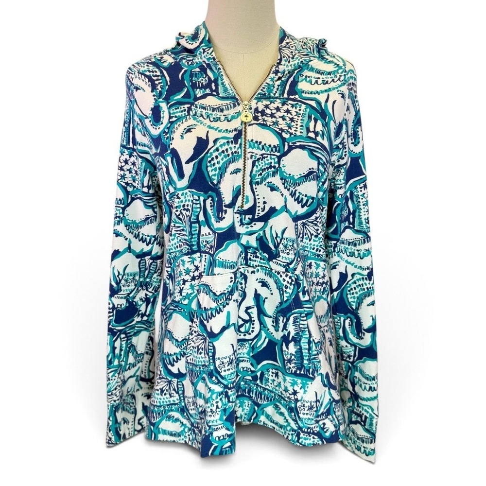 Lilly Pulitzer Hooded Skipper Popover Blue Keep on Trunkin Elephant Print Size M